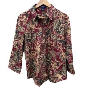 Chaps No Iron Button Up Shirt Womens XL Red Paisley Long Sleeve Cotton